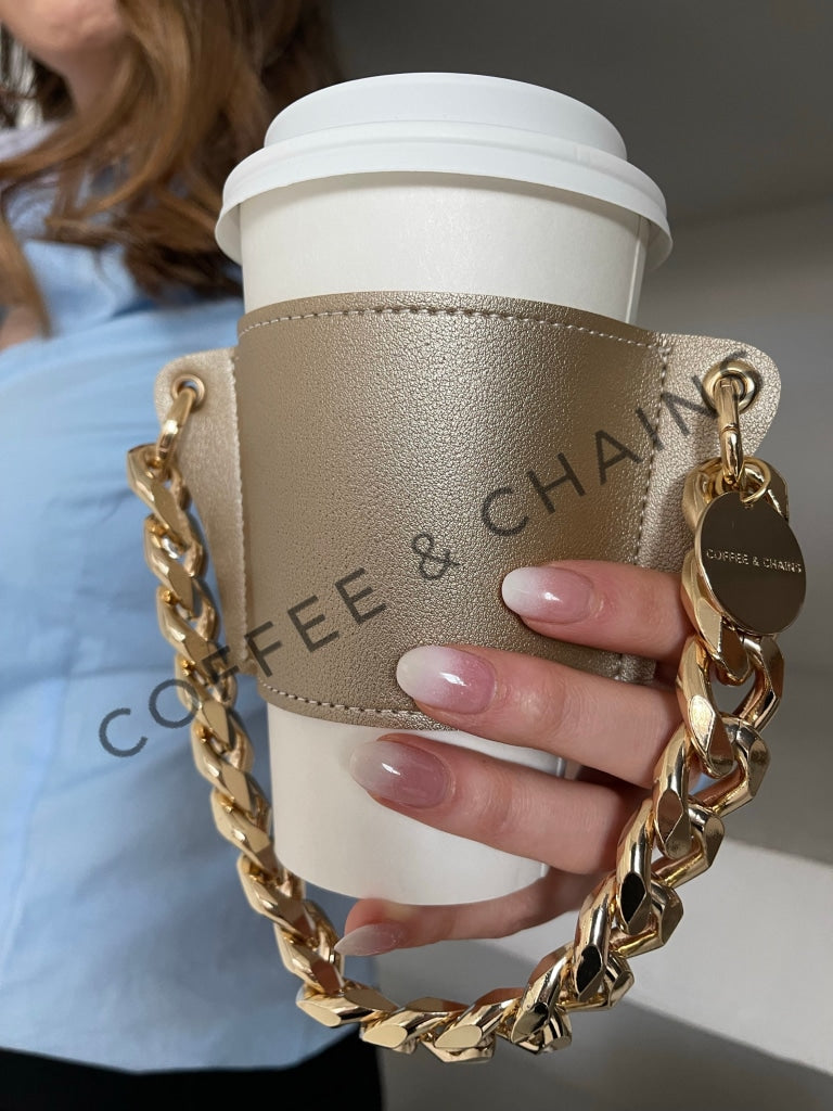Faux Leather Coffee Cup Sleeve With Resin Chain Strap
